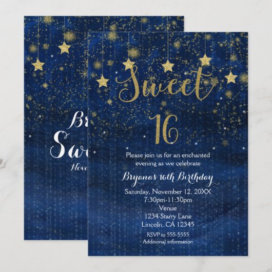 Invitation pour une fête Sweet 16 avec des étoiles (Devant / Derrière)