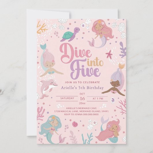 Invitation pour une fille de 5 ans thème sirène ro (Devant)