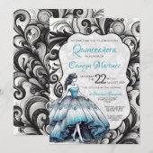 Invitation pour une Quinceañera de couleur sarcell (Devant / Derrière)