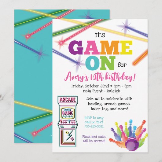 Invitation pour une soirée bowling Game On Arcade (Devant / Derrière)