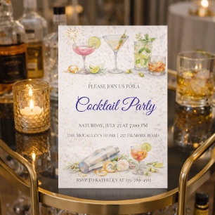 Invitation pour une soirée cocktail écriture bleue