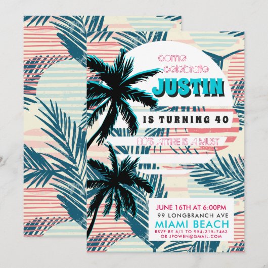 Invitation pour une soirée d'anniversaire à Miami (Devant / Derrière)