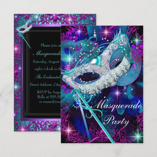 Invitation pour une soirée de bal masqué violet et (Devant / Derrière)