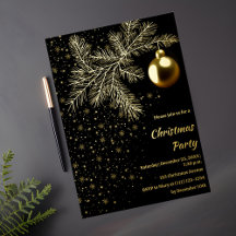 Invitation pour une soirée de Noël noire et or