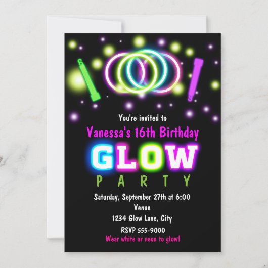 Invitation pour une soirée GLOW Anniversaire néon (Devant)