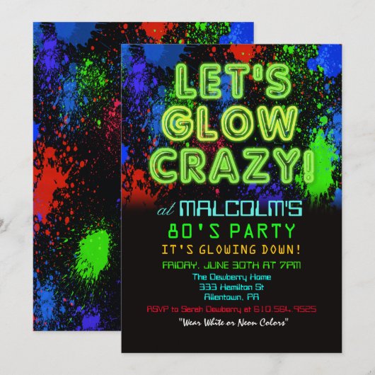 Invitation pour une soirée glow des années 80 (Devant / Derrière)