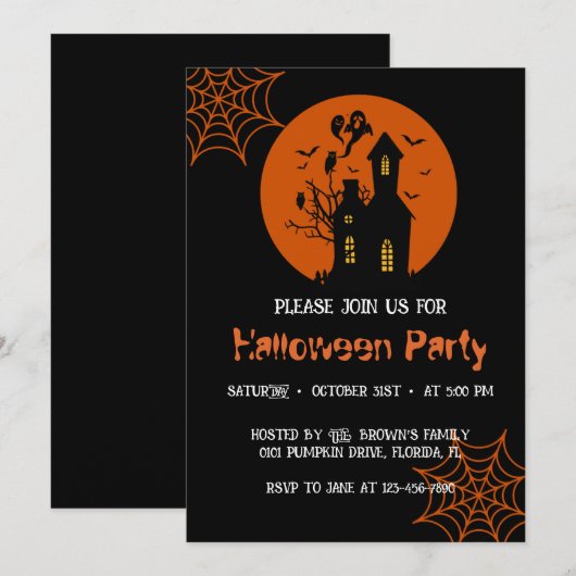 Invitation pour une soirée Halloween dans une mais (Devant / Derrière)