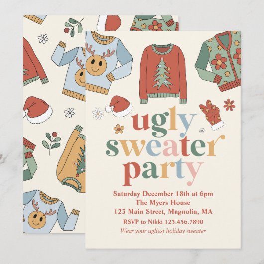 Invitation pour une soirée pull de Noël moche rétr (Devant / Derrière)