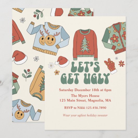 Invitation pour une soirée pull de Noël moche rétr (Devant / Derrière)
