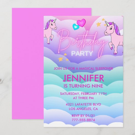 Invitation pour une soirée pyjama Licorne 9ème ann (Devant / Derrière)