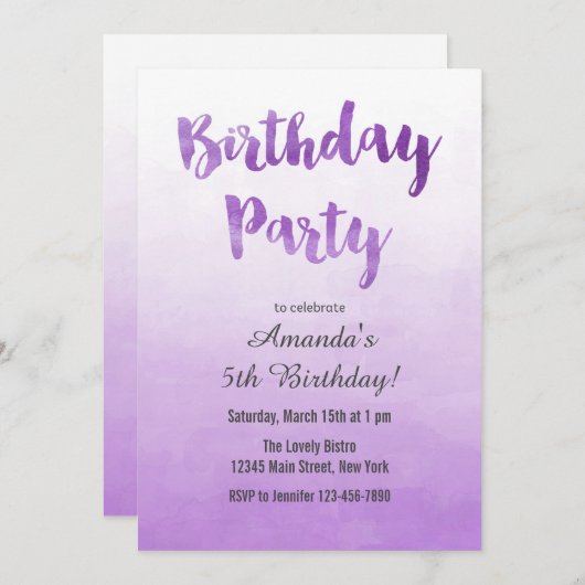 Invitation pourpre d'anniversaire d'aquarelle (Devant / Derrière)