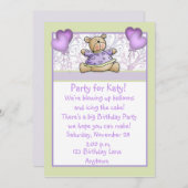 Invitation pourpre d'anniversaire d'ours mignon (Devant / Derrière)