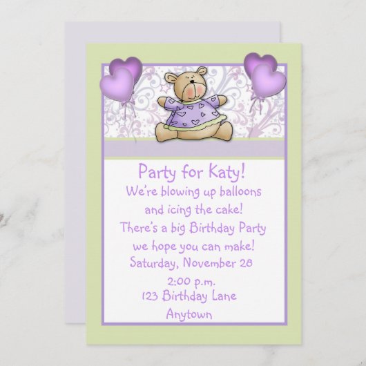 Invitation pourpre d'anniversaire d'ours mignon (Devant / Derrière)