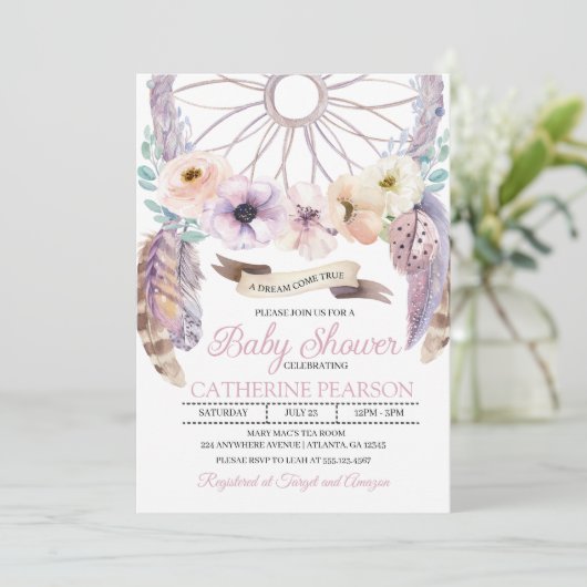 Invitation pourpre de baby shower de Boho (Debout devant)