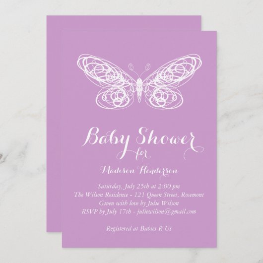 Invitation pourpre de baby shower de papillon (Devant / Derrière)