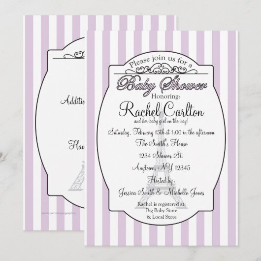 Invitation pourpre de baby shower de thème de (Devant / Derrière)