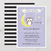 Invitation pourpre de baby shower du petit hibou | (Devant / Derrière)