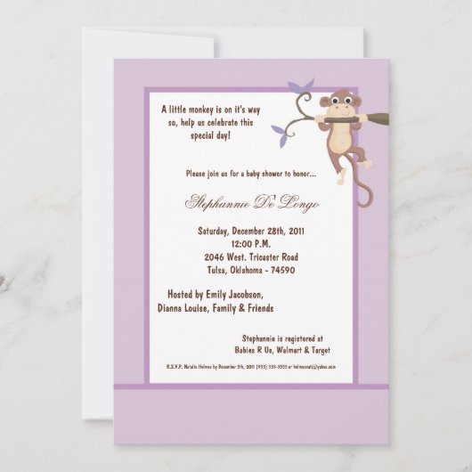 invitation pourpre de baby shower du singe 5x7 (Devant)
