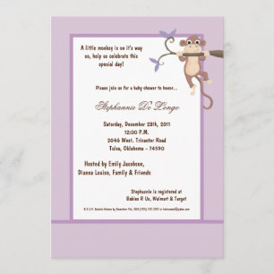 invitation pourpre de baby shower du singe 5x7