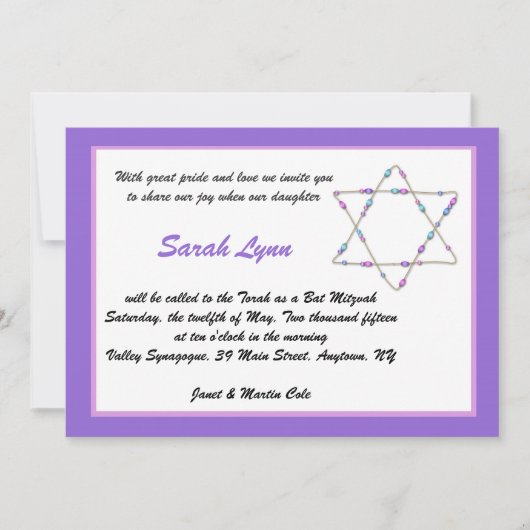 Invitation pourpre de bat mitzvah d'étoile perlée (Devant)