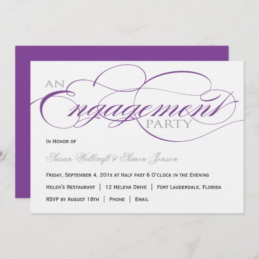 Invitation pourpre de partie de fiançailles de (Devant / Derrière)
