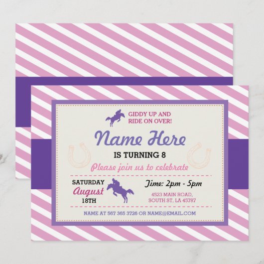 Invitation pourpre de poney de rayure de rose (Devant / Derrière)