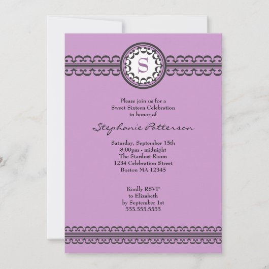 Invitation pourpre du bonbon 16 à monogramme de (Devant)