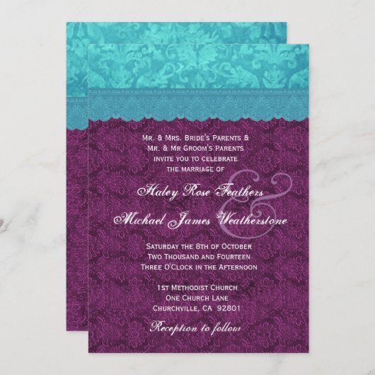 Invitation Pourpre et Aqua mariage damassé bleu G500C (Devant / Derrière)