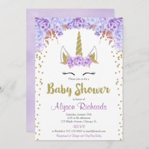 Invitation Pourpre et baby shower de fille de licorne d'or