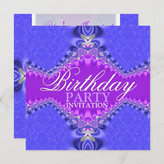 Invitation pourpre et bleue de fête d'anniversaire (Devant / Derrière)