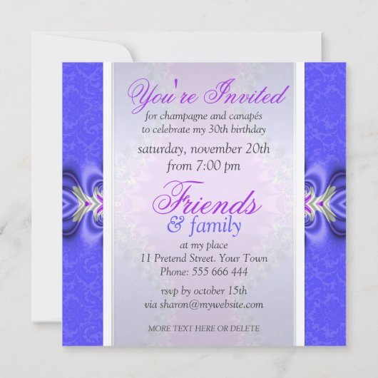 Invitation pourpre et bleue de fête d'anniversaire (Dos)