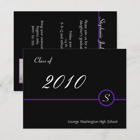Invitation pourpre et noire de photo de monogramme (Devant / Derrière)