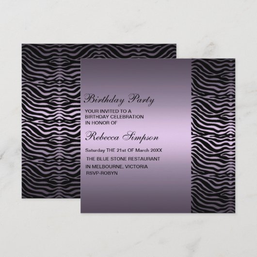 Invitation pourpre et noire d'impression de zèbre (Devant / Derrière)