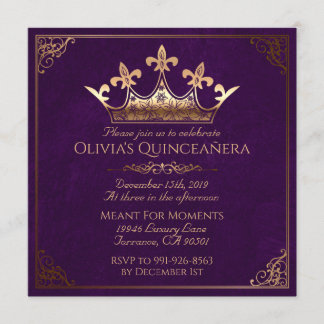 Invitation Pourpre et or Quinceanera royal