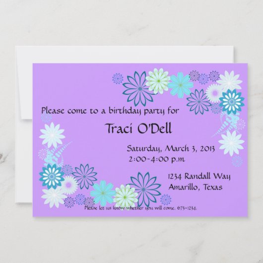 Invitation pourpre et turquoise d'anniversaire (Dos)