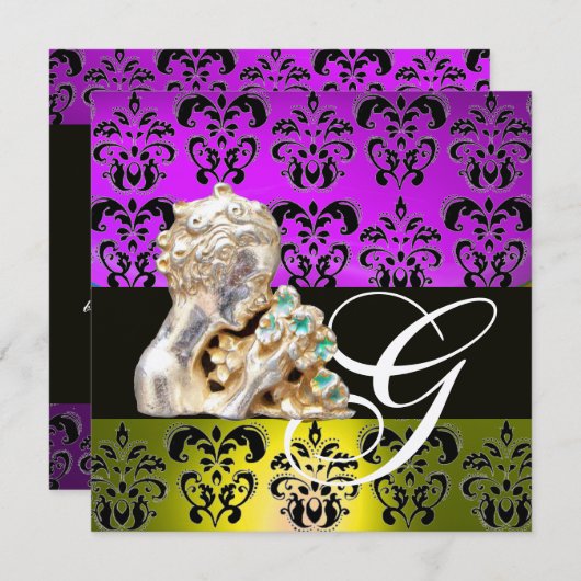 INVITATION POURPRE, JAUNE, NOIR, BLANC DAMASSÉ MONOGRAMME DE  (Devant / Derrière)