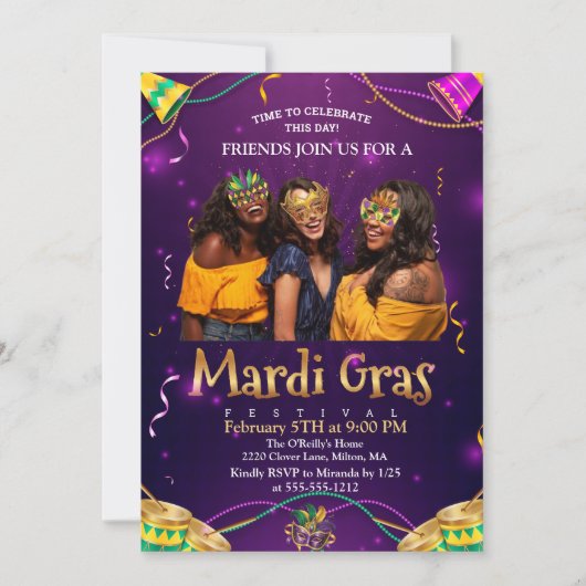 Invitation Pourpre | Mascarade turquoise Mardi Gras (Devant)