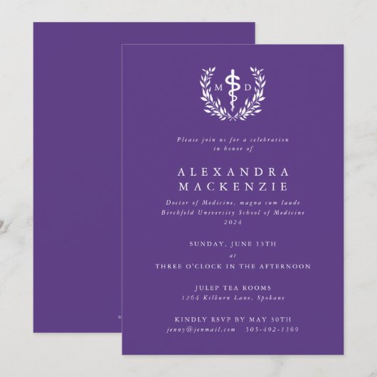Invitation Pourpre MD Asclepius + Couronne de Laurier Diplômé (Devant / Derrière)