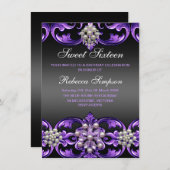 Invitation pourpre/noir Damas & Pearl Sweet16 (Devant / Derrière)