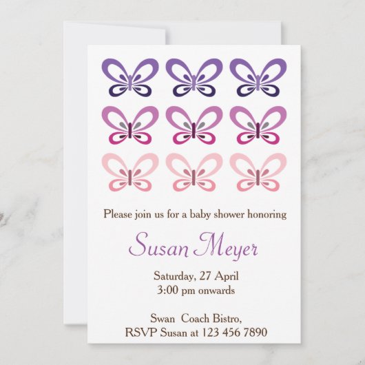 Invitation pourpre rose de Babyshower de papillon (Devant)