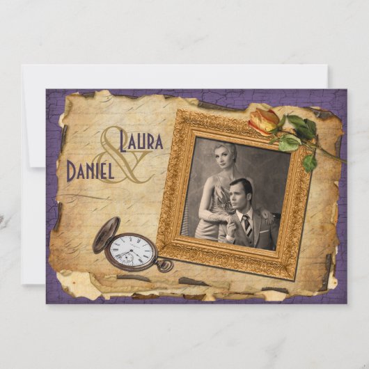 Invitation pourpre vintage II de mariage de photo (Devant)
