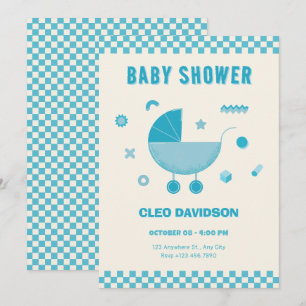 Invitation Poussette bébé damier bleu cadeau de baby shower