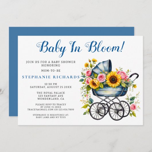 Invitation Poussette Bébé Floral Bleu En Baby shower Fleur (Devant / Derrière)