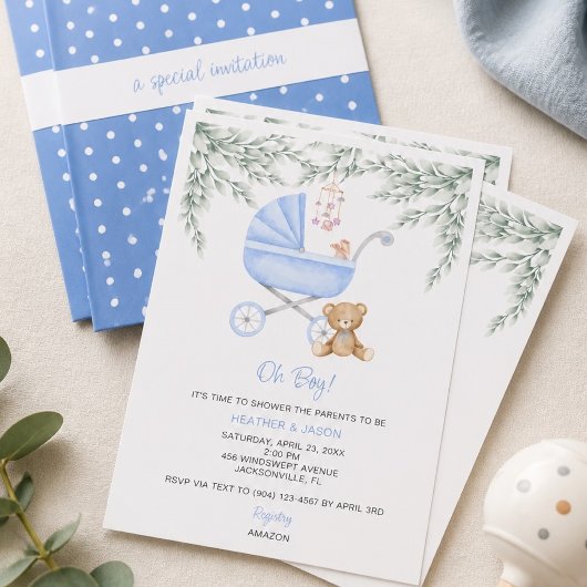 Invitation Poussette bébé Oh Boy et mobile sous la douche