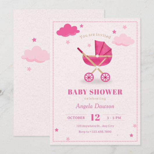 Invitation Poussette bébé rose pastel pour baby shower  (Devant / Derrière)