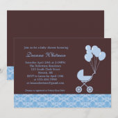 Invitation Poussette bleue avec l'invitation de baby shower (Devant / Derrière)