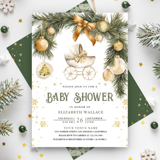 Invitation Poussette Bohème Rustique Noël Bébé Hiver