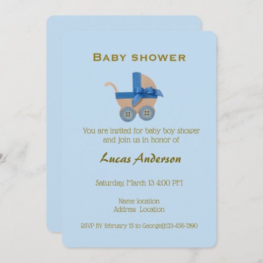 Invitation Poussette Boy Blue, typographie dorée sur fond ble (Devant / Derrière)