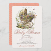 Invitation Poussette en osier classique Baby shower floral fi (Devant / Derrière)