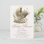 Invitation Poussette en osier classique Baby shower floral fi (Debout devant)